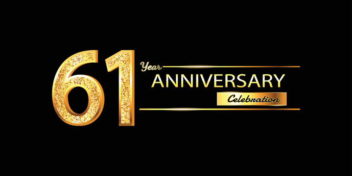 61 Year Anniversary celebration Vector Design. 61st Anniversary celebration. Gold Luxury Banner of 61st Anniversary celebration with glitter 3D. Vector anniversary