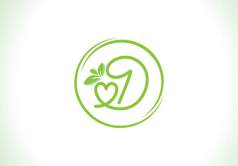 Love healthy and green nutrition leaf logo design with the letters. Green love leaf logo