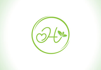 Love healthy and green nutrition leaf logo design with the letters. Green love leaf logo