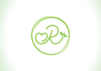 Love healthy and green nutrition leaf logo design with the letters. Green love leaf logo