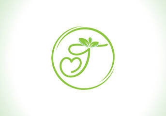 Love healthy and green nutrition leaf logo design with the letters. Green love leaf logo