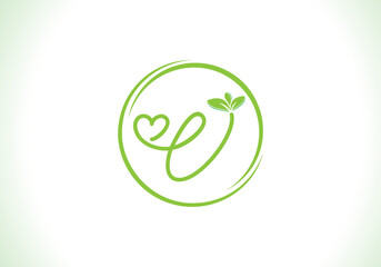 Love healthy and green nutrition leaf logo design with the letters. Green love leaf logo