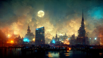 Fototapeta na wymiar Cityscape, night view, landscape, night sky, digital illustration
