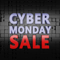 Cyber Monday sale sign, text on black net background. Technology clearance