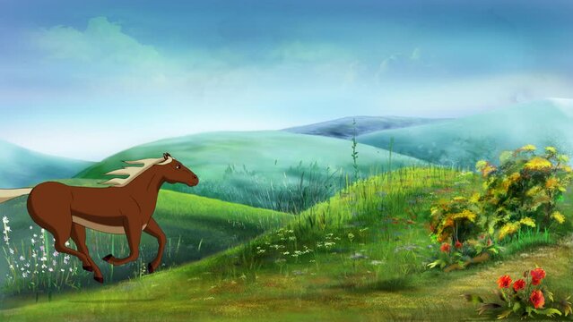 Brown horse galloping in the hills 4K