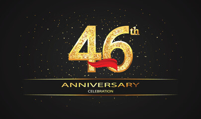 46 Year Anniversary celebration Vector Design with red ribbon and glitter. 46th Anniversary celebration. Gold Luxury Banner of 46th Anniversary. celebration card
