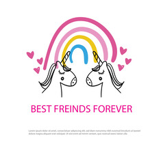 best freinds forever unicorn and rainbow illustration on white background with hearts