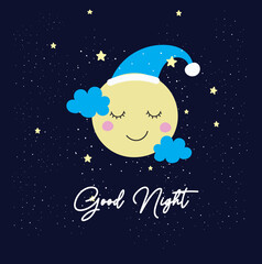 Fototapeta na wymiar good night message with cte moon and sky illustration