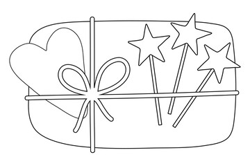 Coloring book, Box with a gift for christmas, new year, birthday. Black and white illustration for coloring. Development of children, education of preschoolers, schoolchildren. Task, game.