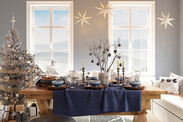 New year tree in scandinavian style interior with christmas decoration. 3D Render