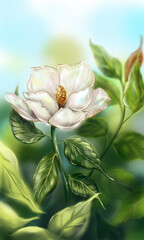 Beautiful pearly white ivory Magnolia flower leaf branch plant tree bush computer graphic digital watercolor art - 541868805