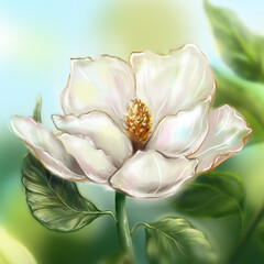 Beautiful pearly white ivory Magnolia flower leaf branch plant tree bush computer graphic digital watercolor art - 541868848