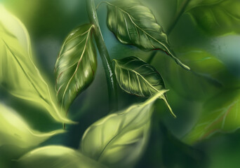 Beautiful 3D green leaf branch plant tree bush wallpaper background computer graphic digital watercolor art
