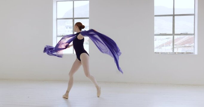 Ballet, woman ballerina and dance in studio while training for performance, dancing school or academy. Dancing, art and dancer, fitness and creative activity with silk scarf, practice and grace.