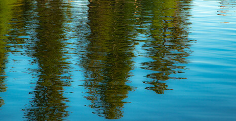 Fototapeta na wymiar Reflection in a lake creates abstract patterns with light, shadows, and color. 