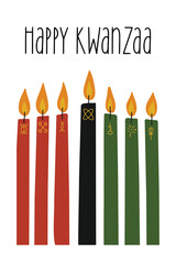 Happy Kwanzaa greeting card with seven long kinara candles - red, black, green decorated with different tribal geometric ornaments. Cute simple vertical poster for African American Kwanzaa celebration