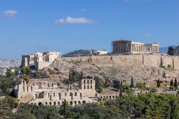View of the Acropolis of Athens and the Theatre of Dionysus from Muse Hill, Athens, Greece