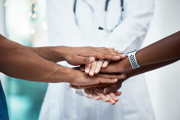 Support, motivation and hands of medical doctor and healthcare workers together for teamwork, trust...