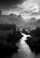 Vertical background  of the dramatic landscape with a river passing through rocky mountains and forest on a cloudy day,  Generative AI 