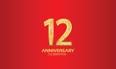 12 Year Anniversary celebration Vector Design with red background and glitter. 12th Anniversary celebration. Gold Luxury Banner of 12th Anniversary. vector illustration