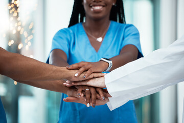 Motivation, support and hands of doctors for healthcare, diversity and medical teamwork at a...