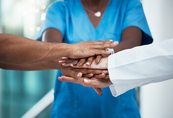 Medical, team support and diversity hands of hospital nurse, doctor and surgeon stack together for...