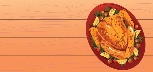 Turkey thanksgiving meal celebration, wooden table, plate