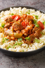 Porkolt is a classic Hungarian cuisine beef stew with onions and plenty of paprika close-up in a plate on the table. Vertical