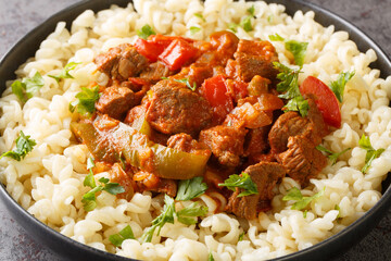 Porkolt is a Hungarian stew with boneless meat, paprika, and some vegetables served with Egg Noodles Nokedli closeup on the plate on the table. Horizontal