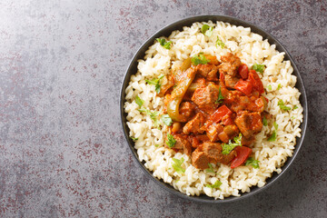Porkolt is a delicious Hungarian meat stew cooked in a savory paprika tomato onion sauce served with Egg Noodles closeup on the plate. Horizontal top view from above