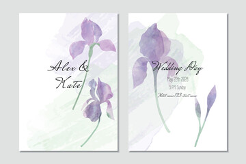 Vector wedding invitation template with watercolor purple irises