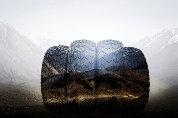 Double exposure of the best tread tire for hiking in the wilderness hill.