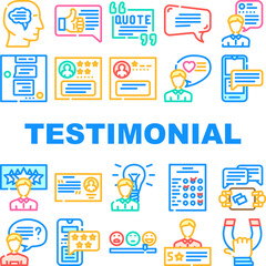 testimonial feedback quote icons set vector. business comment, speech web, graphic chat, quotation bubble, information banner testimonial feedback quote color line illustrations