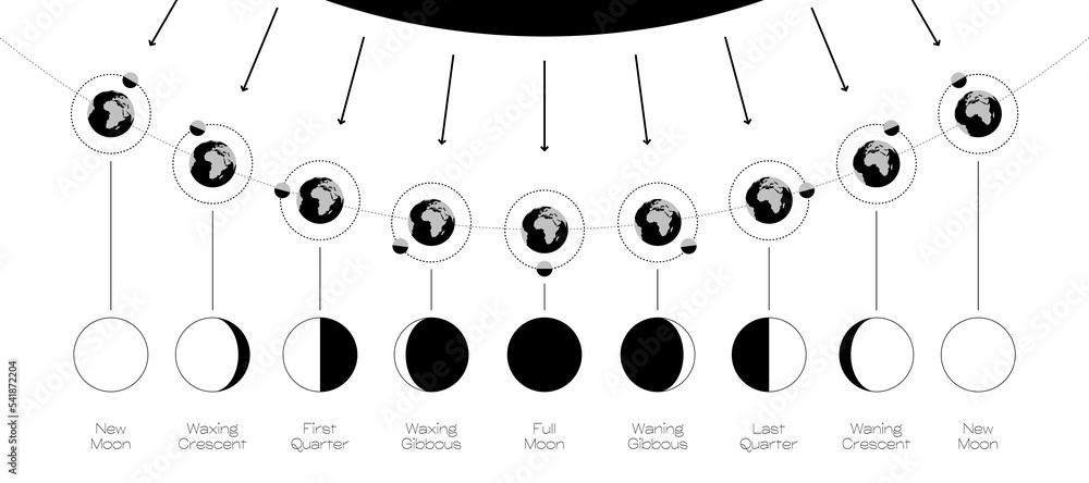 Sticker moon phases scheme sphere shadow cycle astronomy icon set. vector illustration background