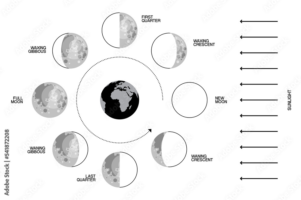 Poster moon phases scheme sphere shadow cycle astronomy icon set. vector illustration background