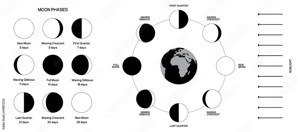 Poster moon phases scheme sphere shadow cycle astronomy icon set. vector illustration background
