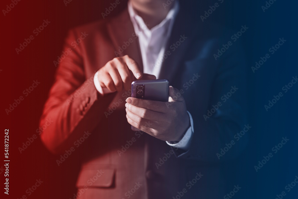 Poster businessman using smartphone playing social networks, man typing message or rating something. global