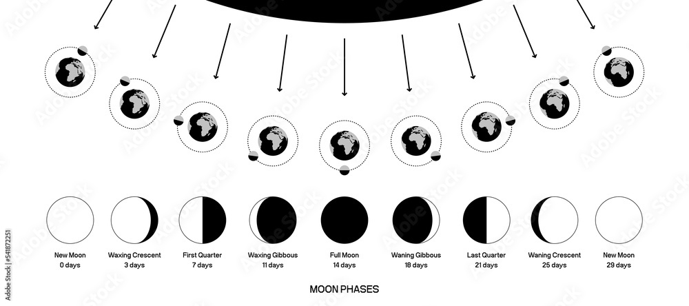 Sticker moon phases scheme sphere shadow cycle astronomy icon set. vector illustration background