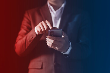 Businessman using smartphone Playing social networks, Man typing message or rating something. Global internet connection technology and digital marketing, financial investment and trading concept