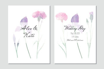 Vector wedding invitation template with watercolor irises and carnations
