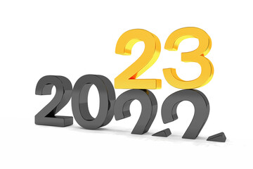 3d render of the numbers 2022 and 23 in black and gold over white background.