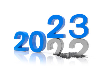 3d render of the numbers 2022 and 23 in blue over white reflecting background.