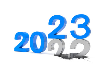 3d render of the numbers 2022 and 23 in blue over white background.