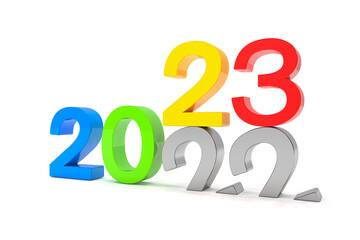 3d render of the numbers 2022 and 23 in colorful over white background.