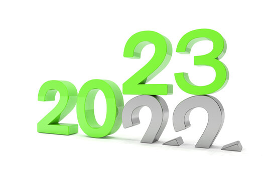 3d render of the numbers 2022 and 23 in green over white background.
