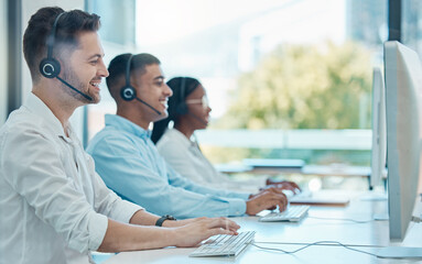 Man, call center and customer service team on computer, online support or workers at the office...