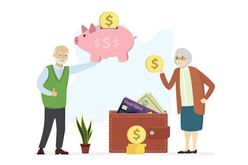 Happy elderly couple with piggy bank, retirement savings, money plan. Pension fund, passive income concept. Grandparents saved up money for comfortable old age.