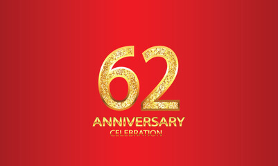 62 Year Anniversary celebration Vector Design with red background and glitter. 62nd Anniversary celebration. Gold Luxury Banner of 62nd Anniversary. vector illustration