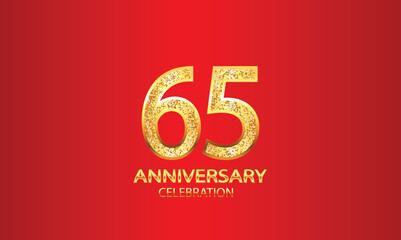 65 Year Anniversary celebration Vector Design with red background and glitter. 65th Anniversary celebration. Gold Luxury Banner of 65th Anniversary. vector illustration