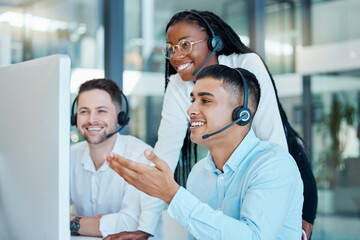 Telemarketing, training and black woman coaching team of men at customer service agency. Diversity,...